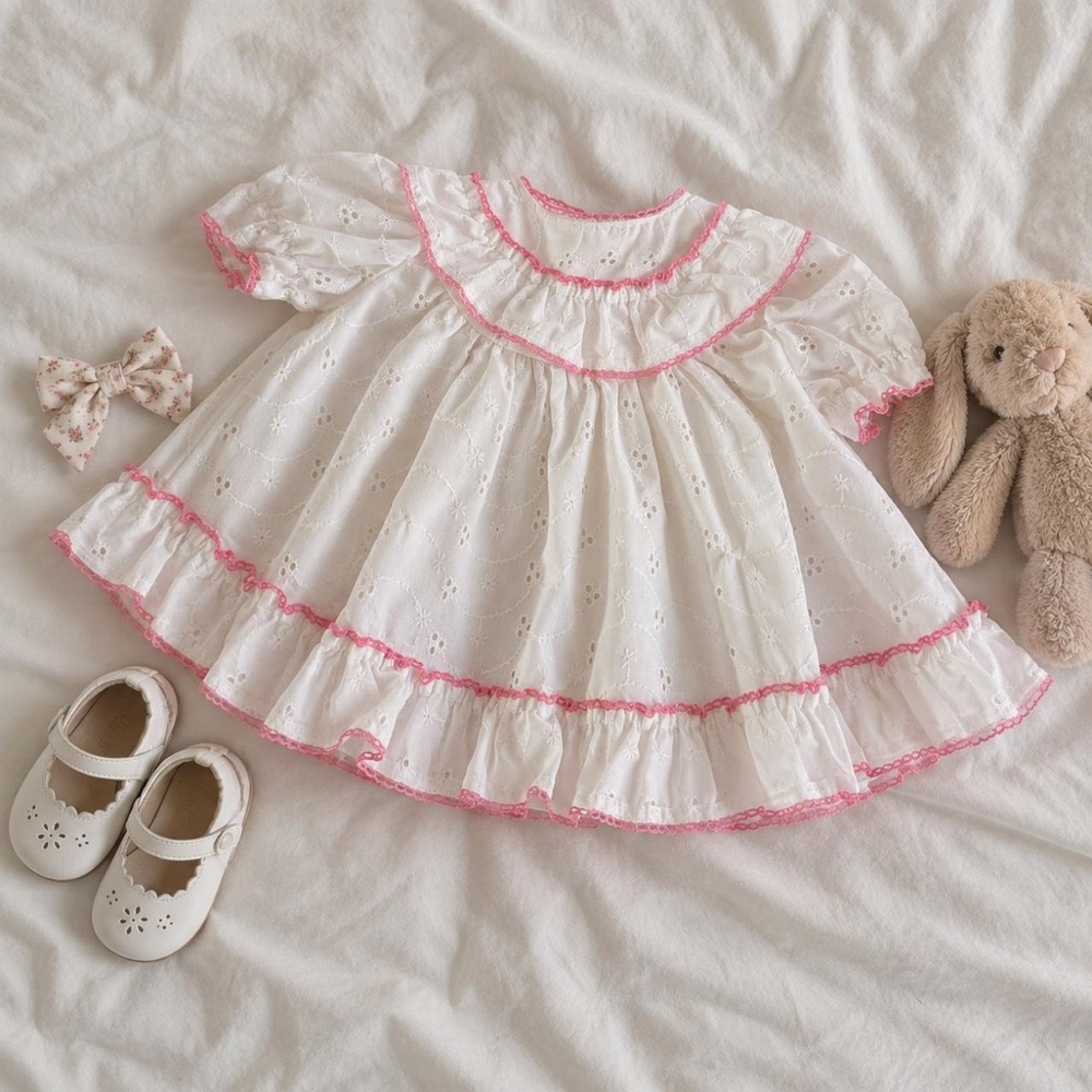 Vintage Baby Dress  60s Vintage white eyelet baby dress pink ruffle trim